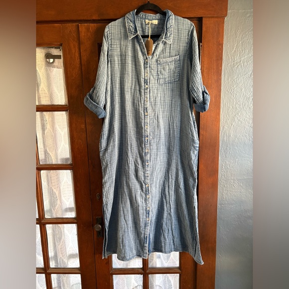 NATURAL LIFE Denim Blue Cotton Gauzy Shirtdress Tunic NWT Long Rollable Sleeves - Picture 4 of 12